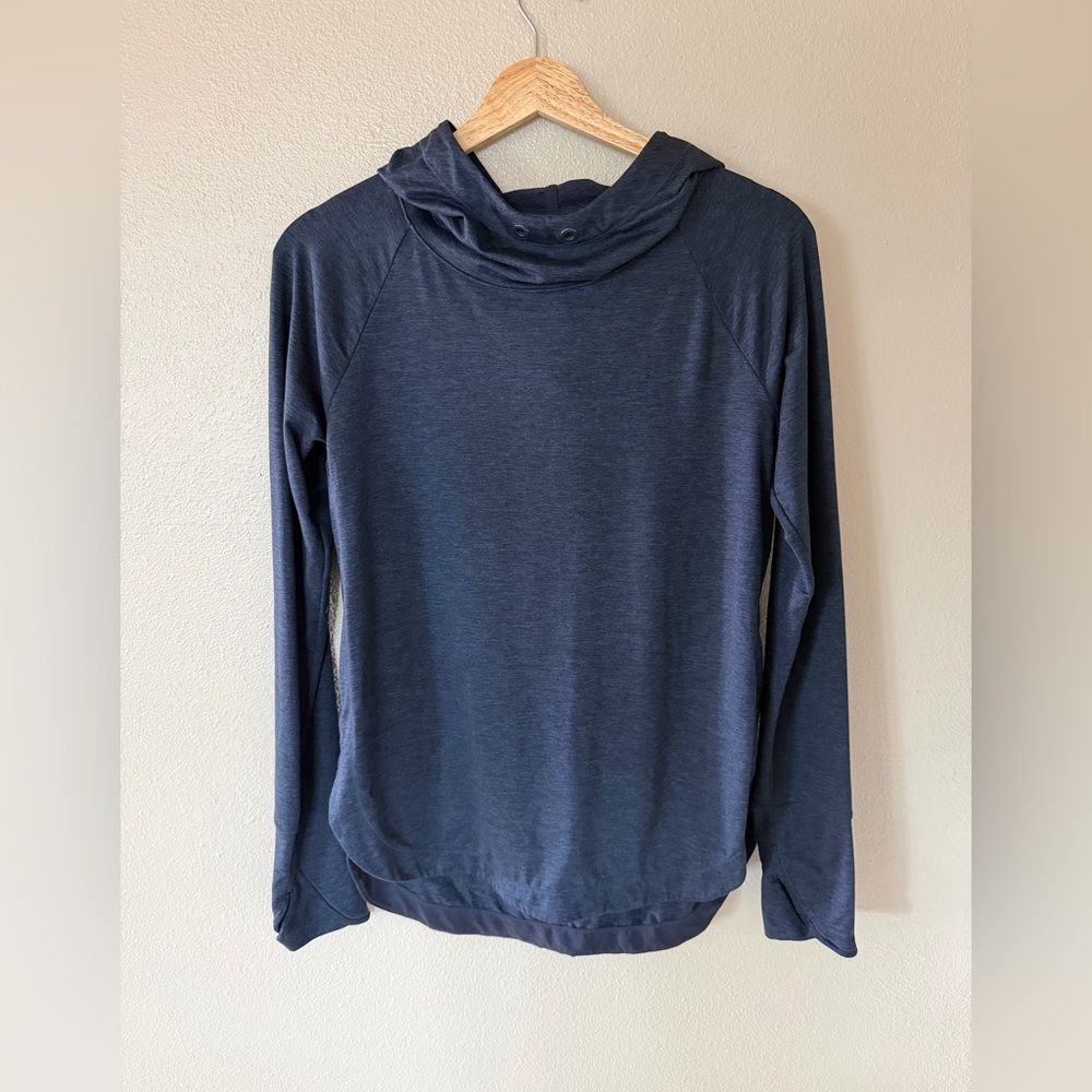 Athleta Uptempo Hoodie Lightweight Heather Navy Blue Cowl Neck Pullover S